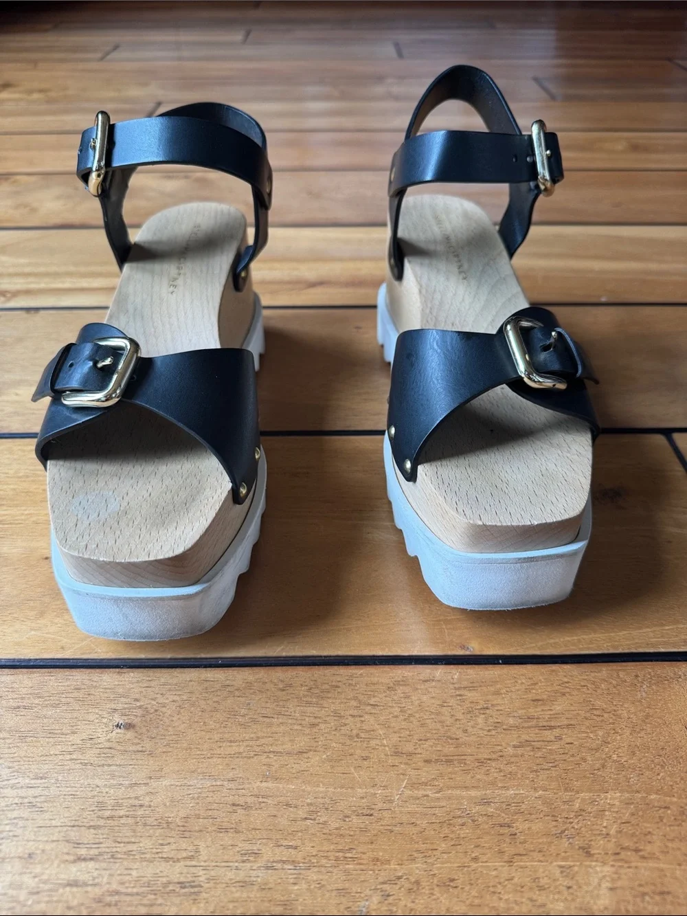 Stella McCartney Black Leather Platform Sandals with Gold Hardware